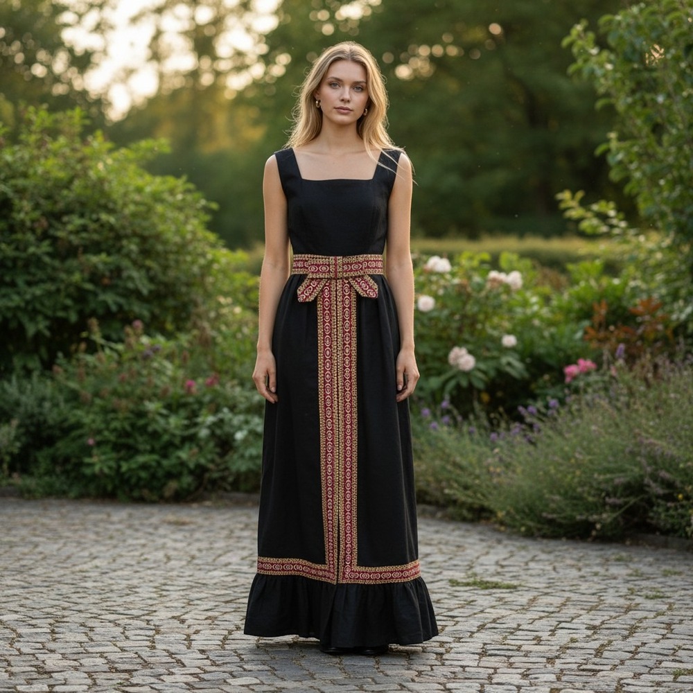 Vintage 70s Union Made Black Sleeveless Maxi Dress Embroidered Trim Classic